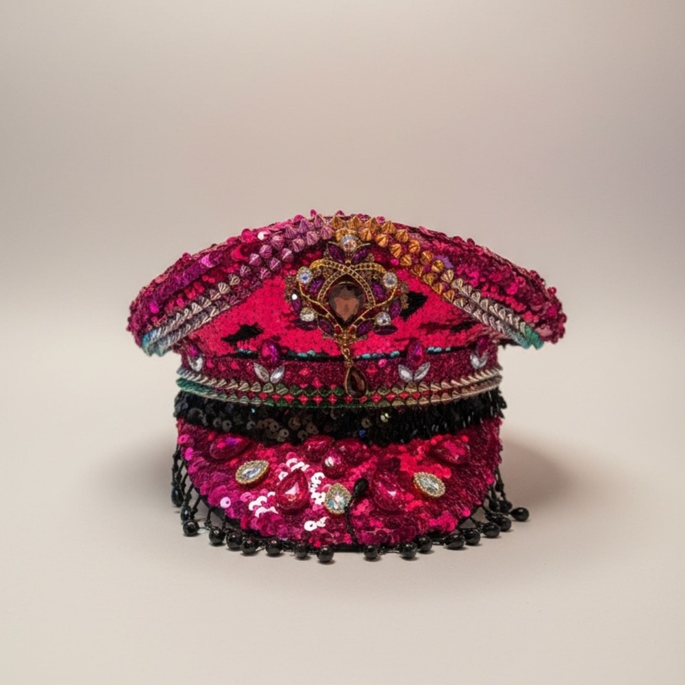 Nu Shuz Fuchsia Sequin Black Jeweled Fringe Statement Captain Festival Hat